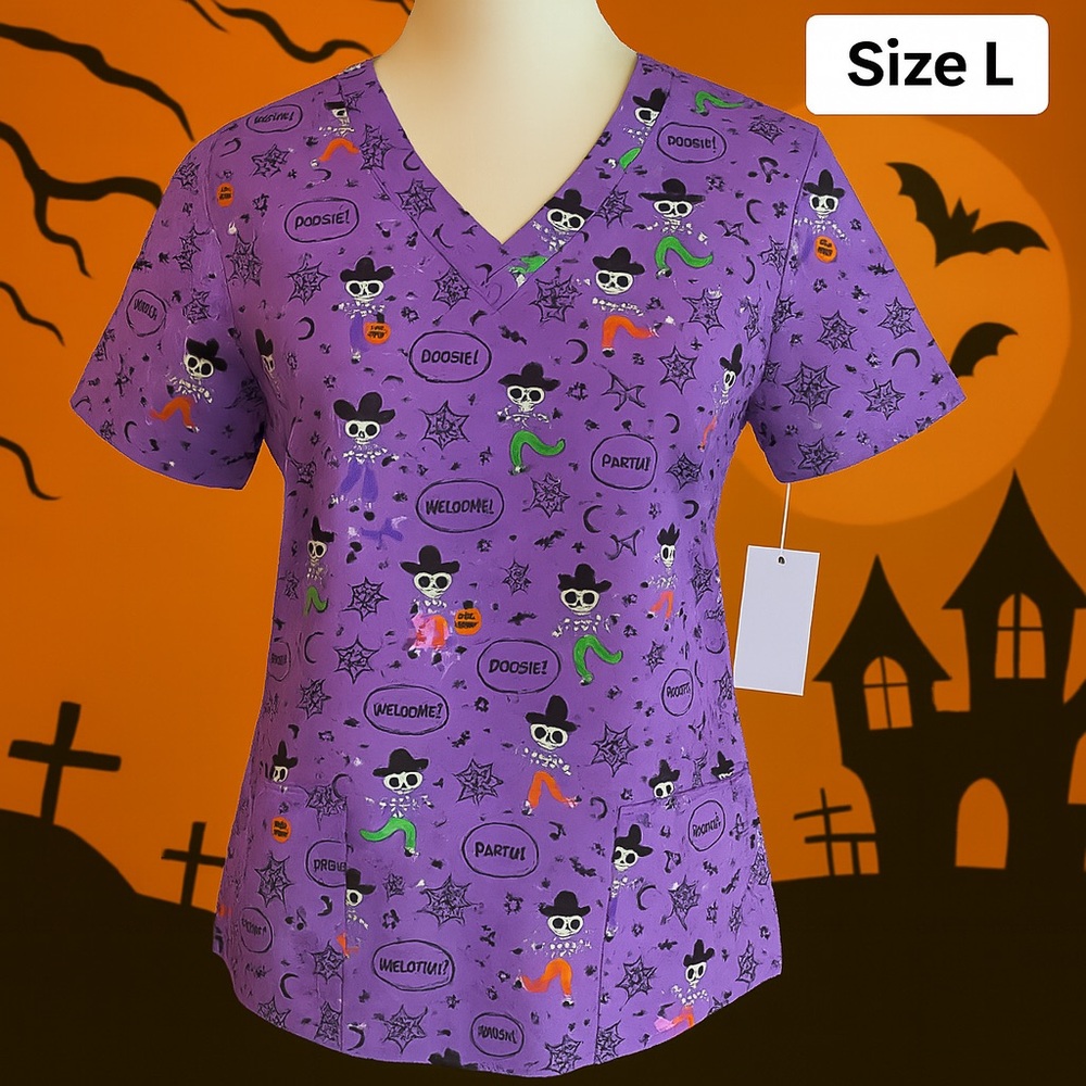COPY - COPY - NWT Halloween Scrub Top Purple Dancing Skeletons Size Large